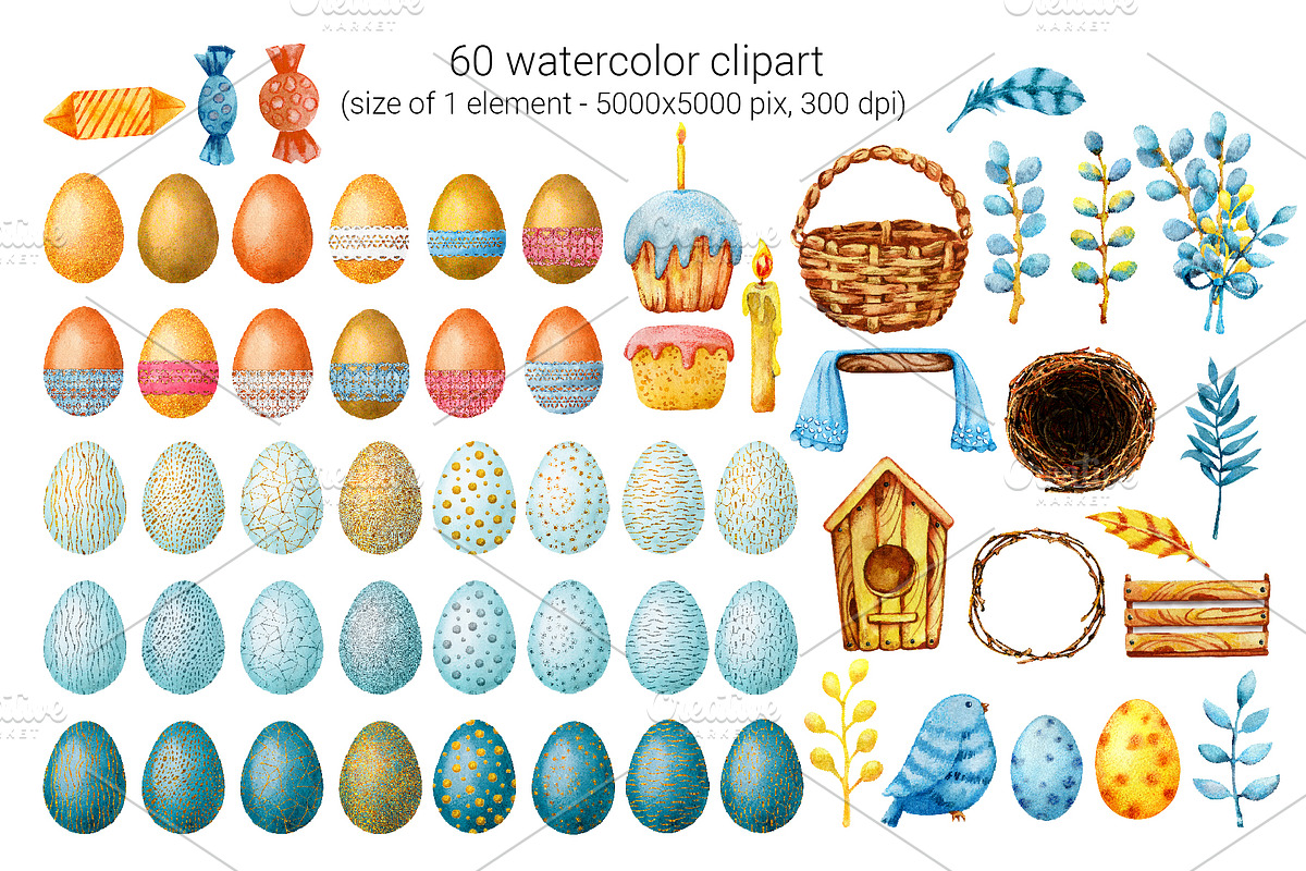 Easter watercolor set, colored eggs, an Illustration by Artmanata (Photo 3 of 14)