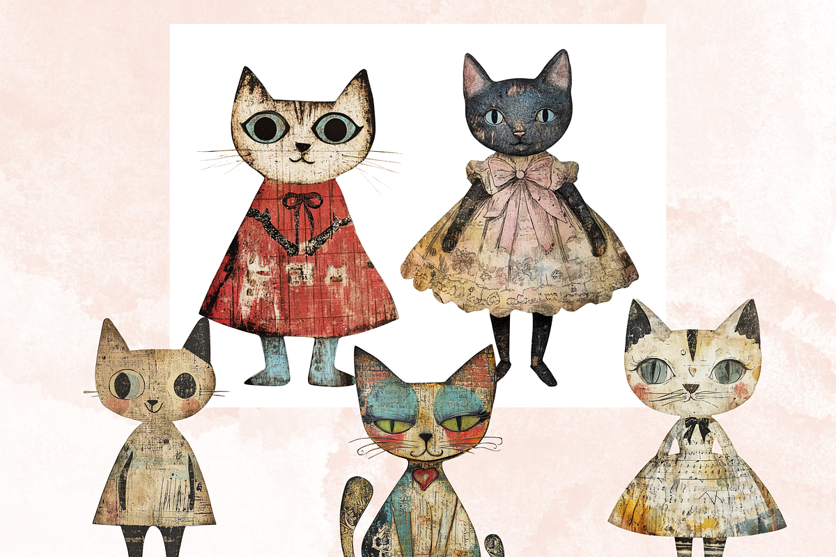 Whimsical Cat Mixed Media Clipart, a Background Graphic by GiraffeCreative (Photo 7 of 9)