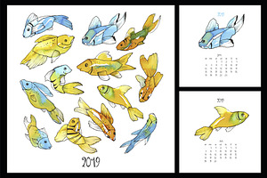 2019 Calendar with watercolor fish
