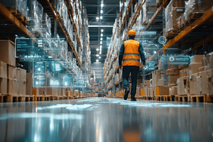 Warehouse Worker Navigating Smart In, a Photo by Pixeness Studio