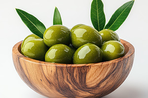 Green olives in wooden bowl with lea, a Food & Drink Photo by Pixeness Studio
