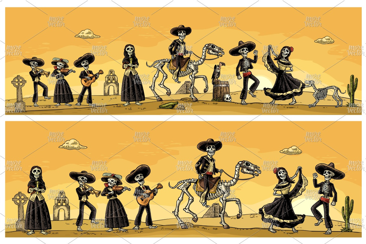 Bundle engraving mexican skeleton, an Illustration by MoreVector (Photo 13 of 14)
