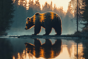 Bear silhouette by lake, misty fores, an Animal Photo by Pixeness Studio