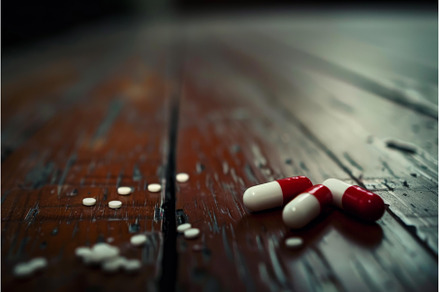 Red and white pills spilling on worn, a Health & Medical Photo by Ylivdesign