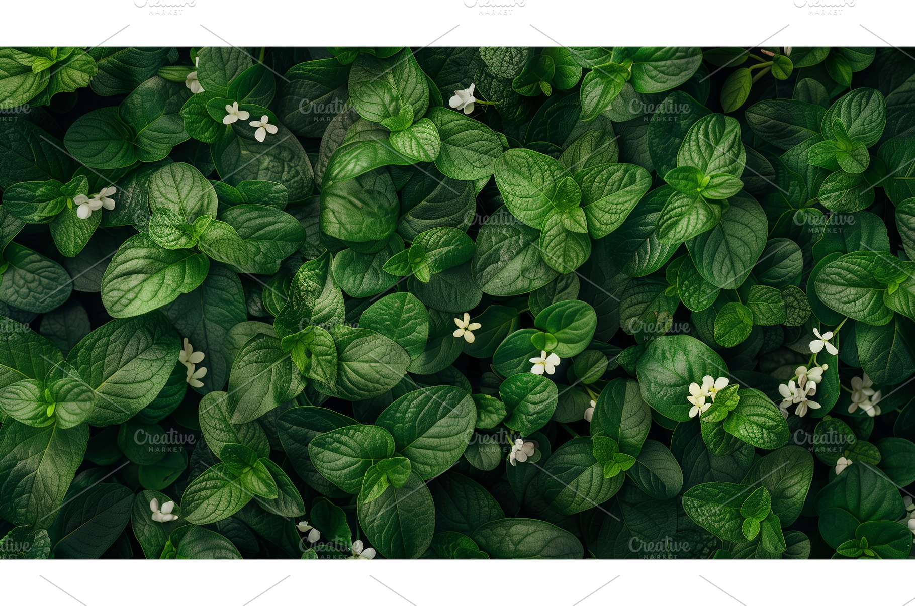Lush green leaves and small white, a Background Photo by Sergey Kotenev