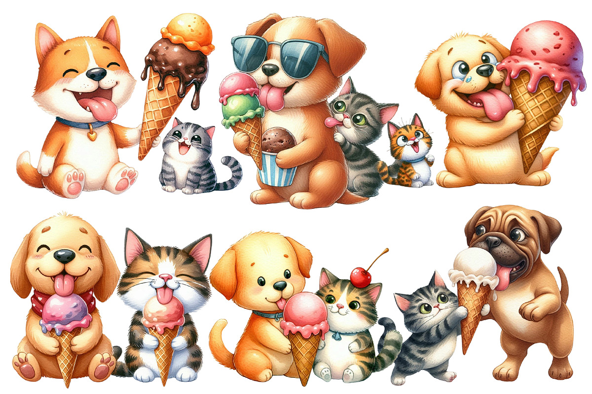 Funny Dog and Cat Love Ice Cream, an Animal Illustration by Designworld (Photo 4 of 5)