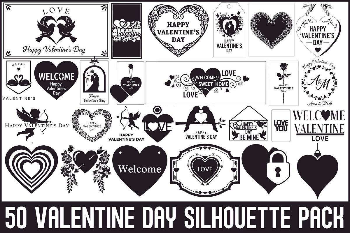 50 Valentine Day Silhouette Pack, an Illustration by Designs_River (Photo 1 of 51)