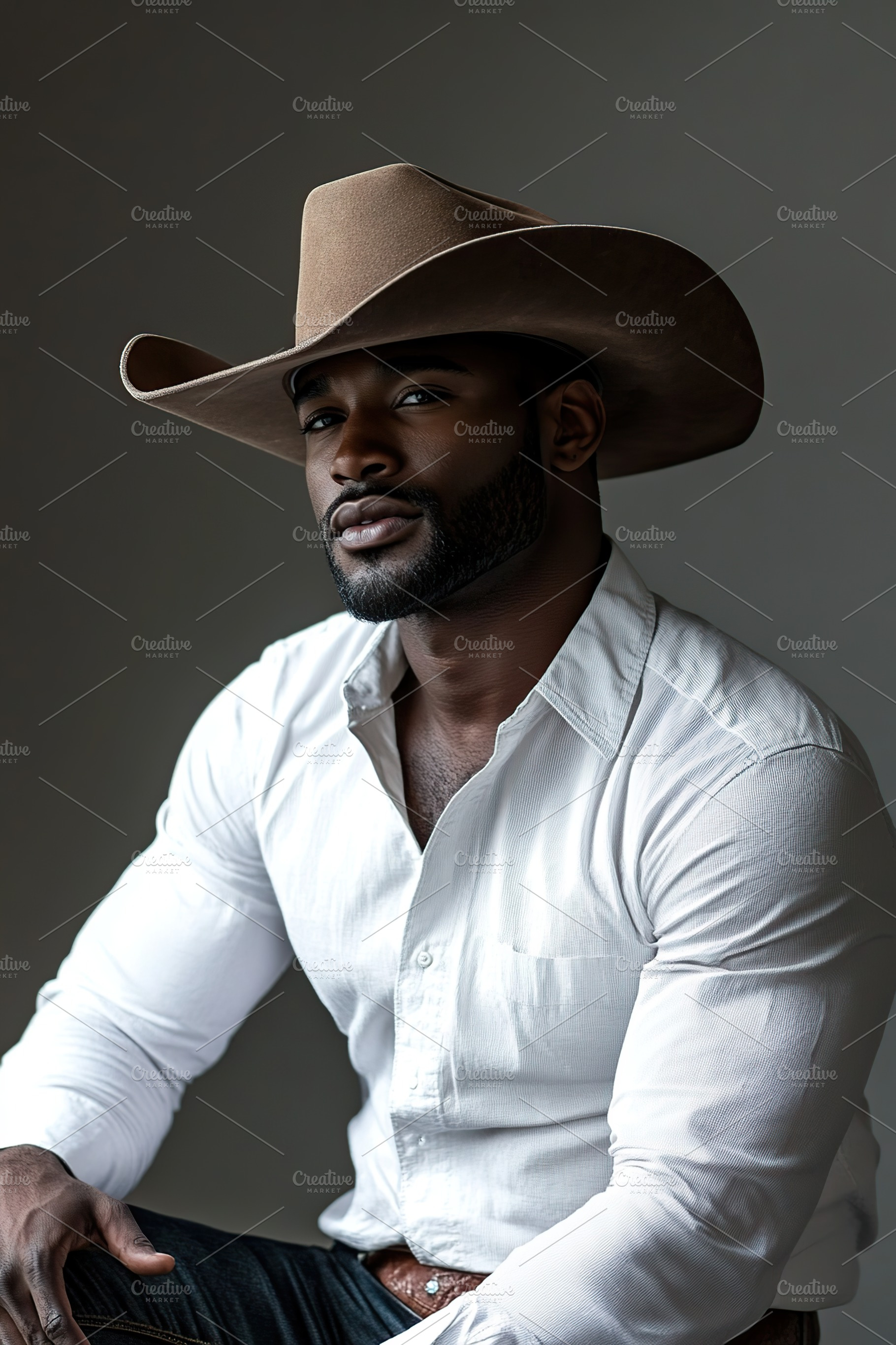 Black American cowboy in white shirt and large hat poses confidently for portra, a Person Photo by AlyaAnd