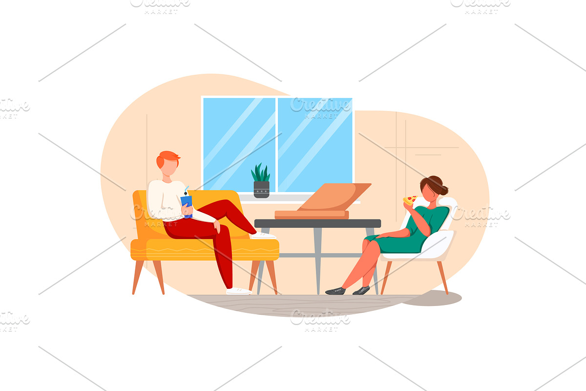Couple eating pizza at home vector, a Person Illustration by vectorpointstudio