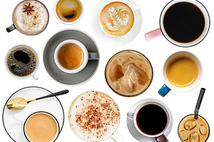 Set of coffee cups isolated top view, a Food & Drink Photo by BOOCYS