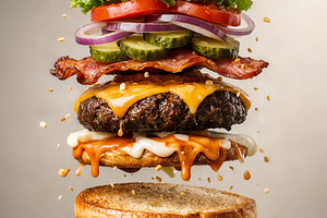 Gourmet burger with ingredients floa, a Food & Drink Photo by angellodeco