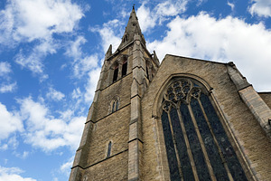 Historic Gothic St Mary, Hulme church with soaring spire and orn
