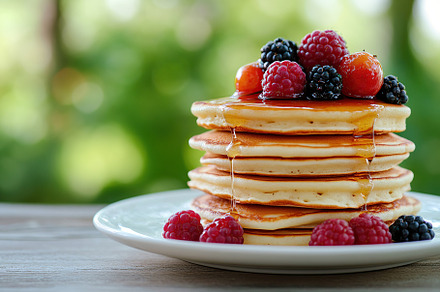 Delicious stack of pancakes topped with fresh berries and sweet syrup in a sunn, a Food & Drink Photo by AlyaAnd
