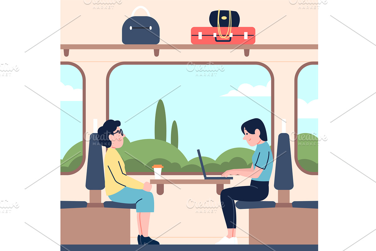 Passengers in train. Women travel, a Transportation Illustration by LadadikArt