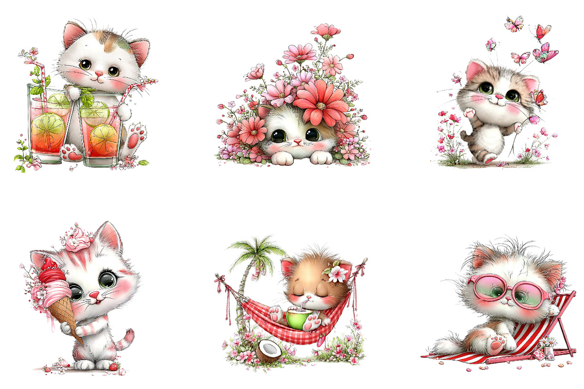 Whimsical Summer Cat Clipart, a Seasonal Illustration by CreationArt (Photo 3 of 5)