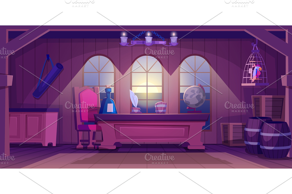 Pirate cabin. Wooden interior of, a Transportation Illustration by Onyx