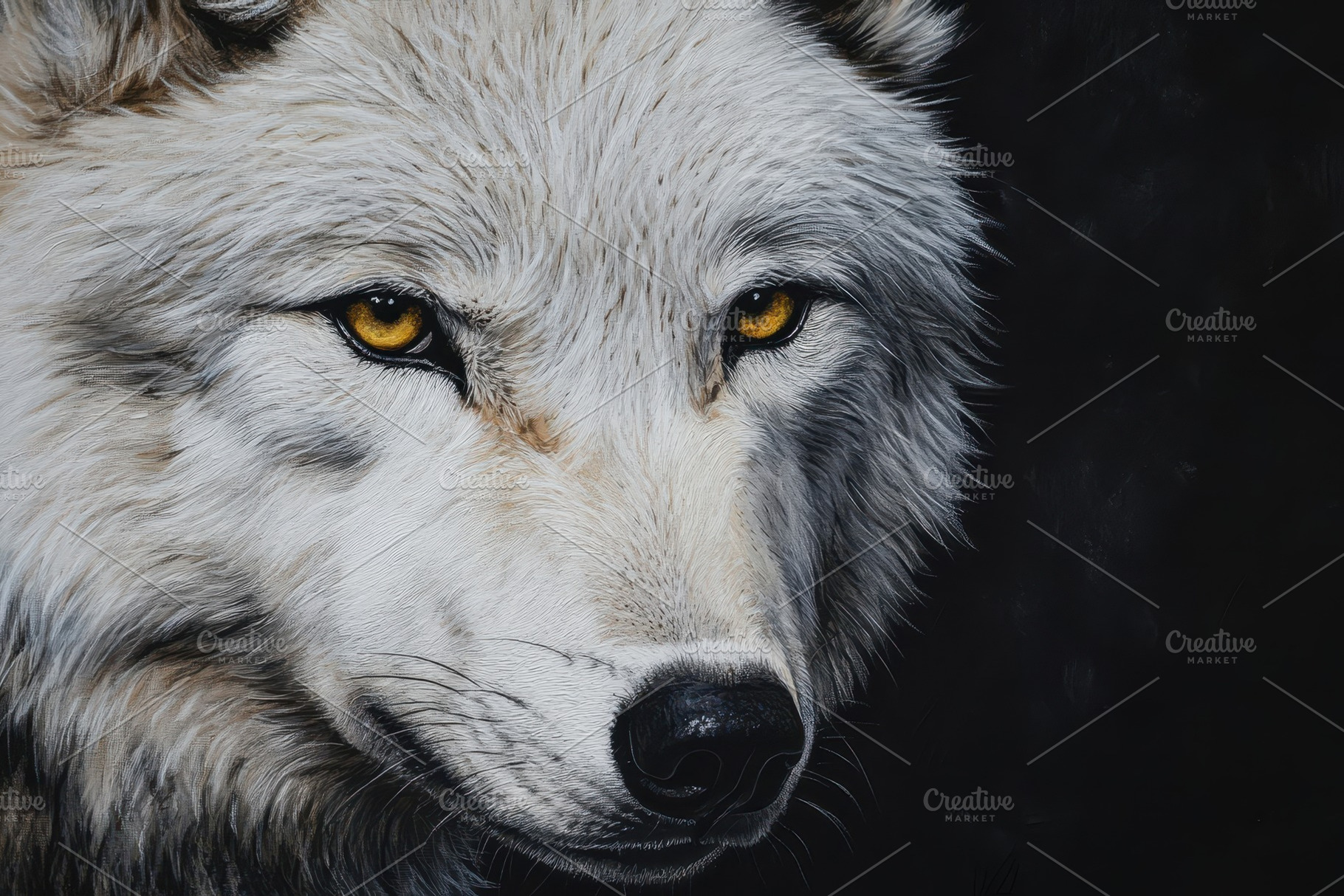 Close up of a white wolf displaying, a Photo by Pavel_design