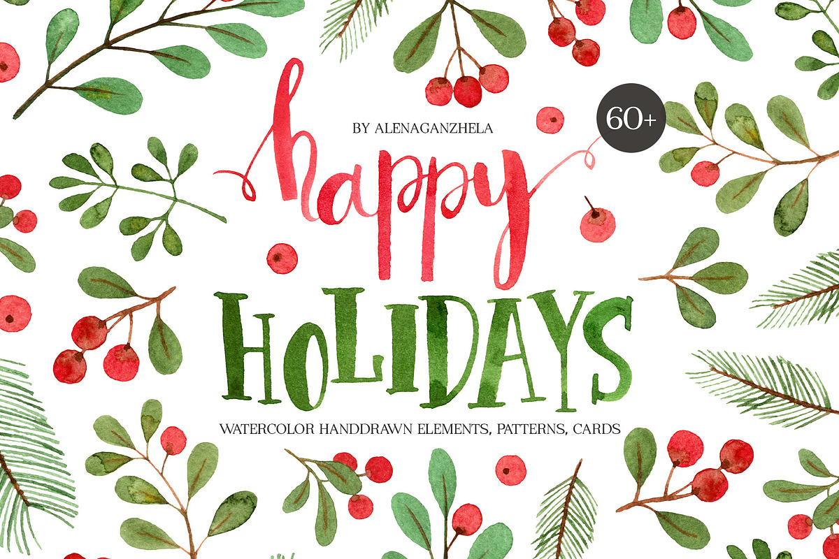 Xmas winter plants. Watercolor set, a Seasonal Illustration by alenaganzhela (Photo 1 of 9)