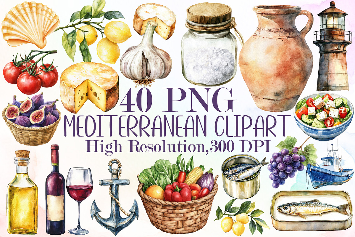 Mediterranean Watercolor Clipart, an Illustration by Sublimation Artist (Photo 1 of 6)