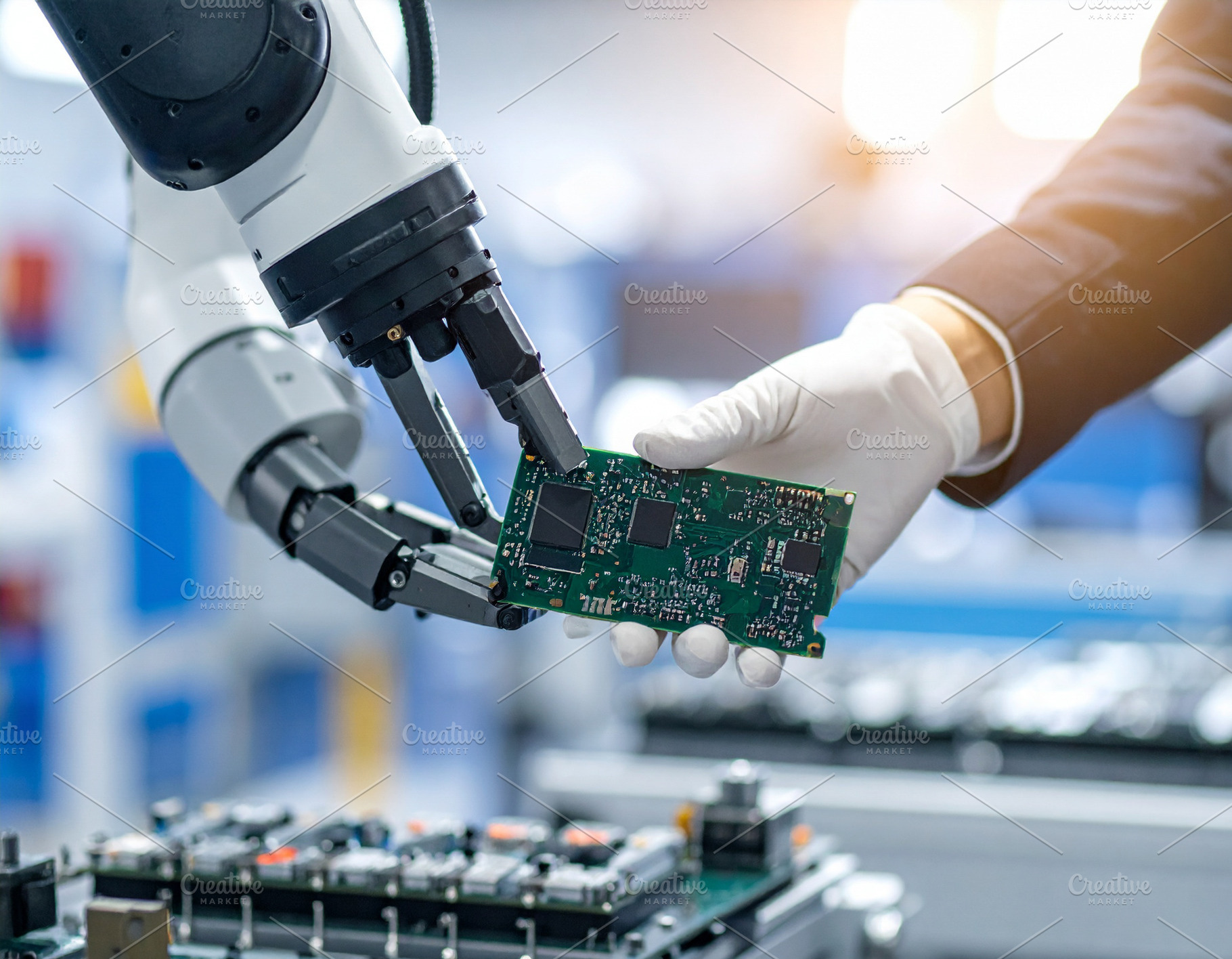 Industrial robotic arm and human hand gripping a small circuit b, a Technology Photo by DanFLCreativo