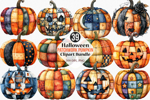 Halloween Patchwork Pumpkin Clipart, an Illustration by Canvas Craft