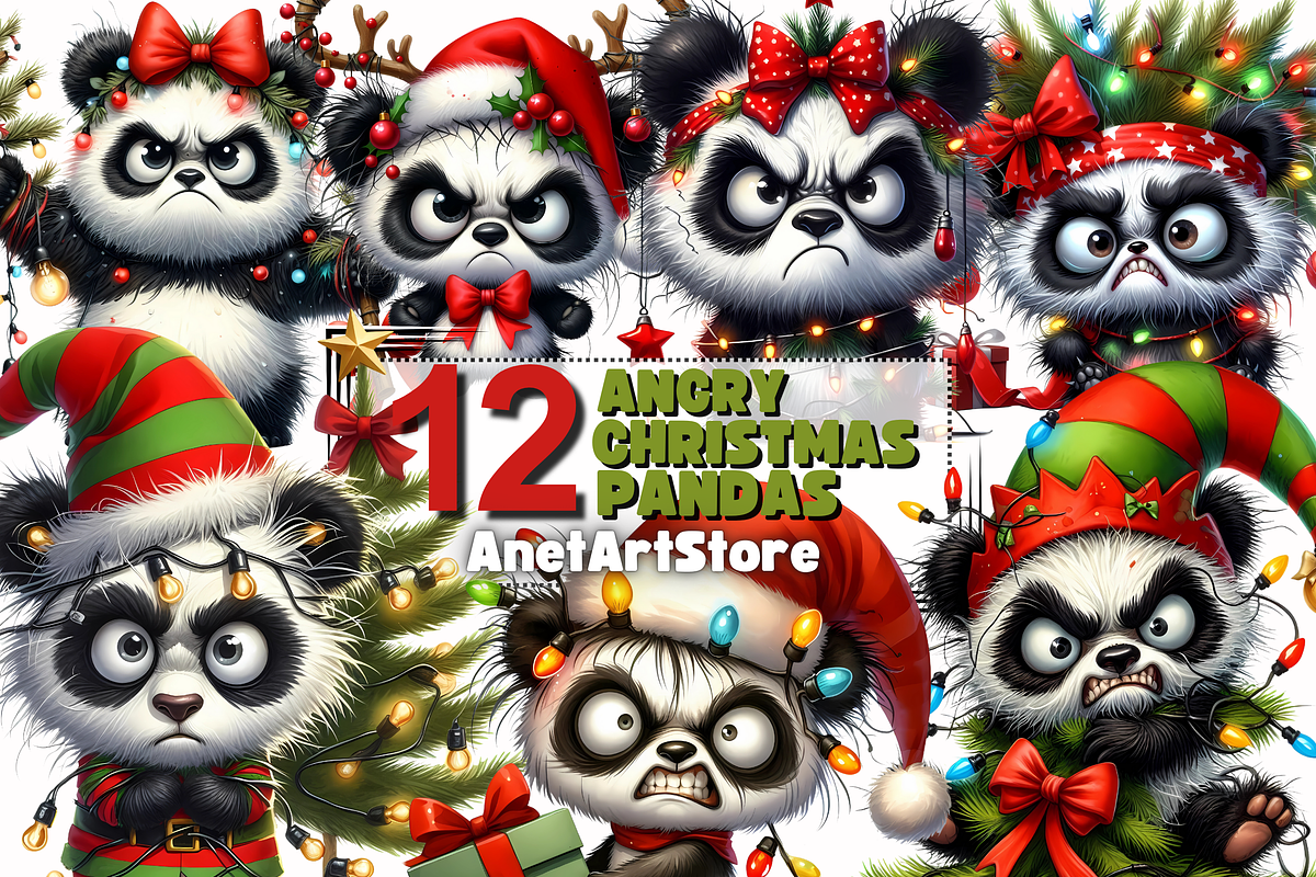 Grumpy Christmas panda clipart, an Animal Illustration by AnetArtStore (Photo 1 of 7)