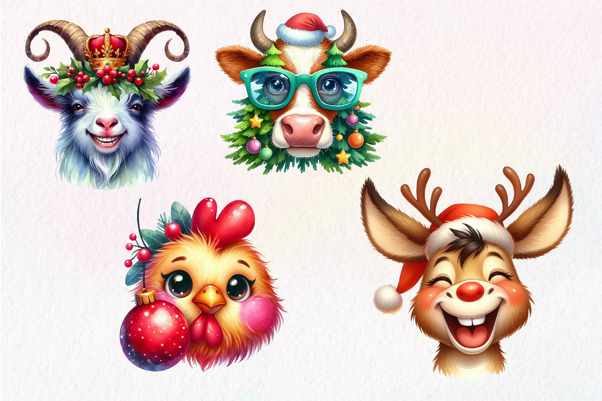 Christmas Farm Animal Face Clipart, an Illustration by Dream Creation (Photo 7 of 7)
