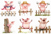 Funny Pig on Fence Clipart, an Illustration by Watercolor design (Thumbnail 3 of 12)