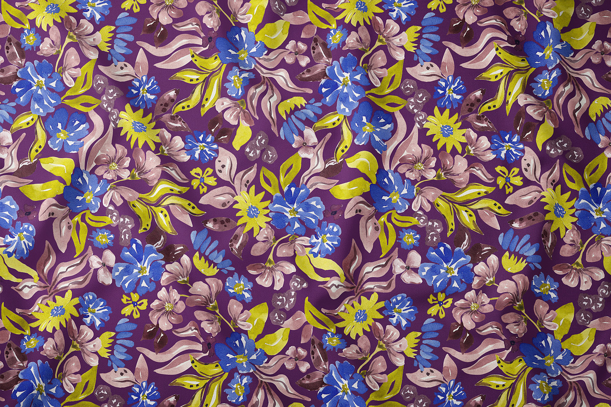 Blue, Yellow, Plum floral pattern, a Pattern Graphic by SirenaArt (Photo 6 of 16)