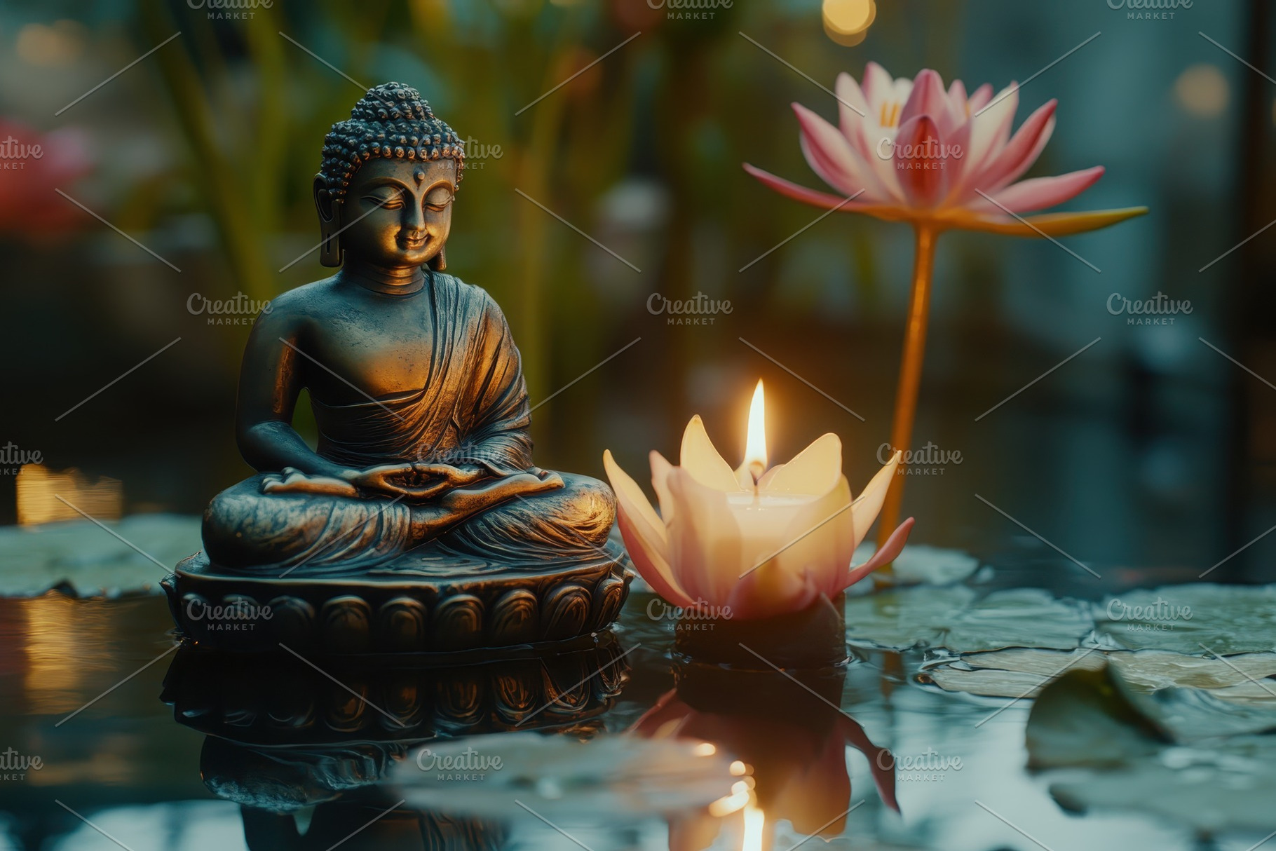Buddha statue with candle and water, a Photo by Iftikhar Alam