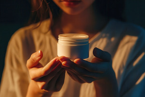 Woman holds delicate cosmetic jar, a Photo by Pavel_design