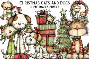 Whimsical Christmas Cats And Dogs, an Illustration by Craft Nest