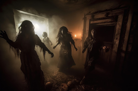 A spooky scene at a haunted house attraction. Halloween Concept., a Holiday Photo by designvectx