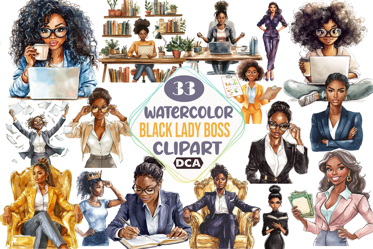 Watercolor Black Lady Boss Clipart, an Illustration by DreamCafeArt (Photo 1 of 5)