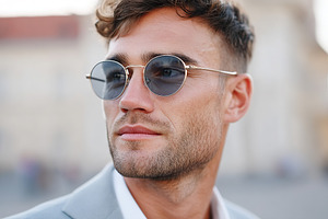 Stylish man wearing sunglasses and suit in urban setting during daylight hours, a Person Photo by AlyaAnd