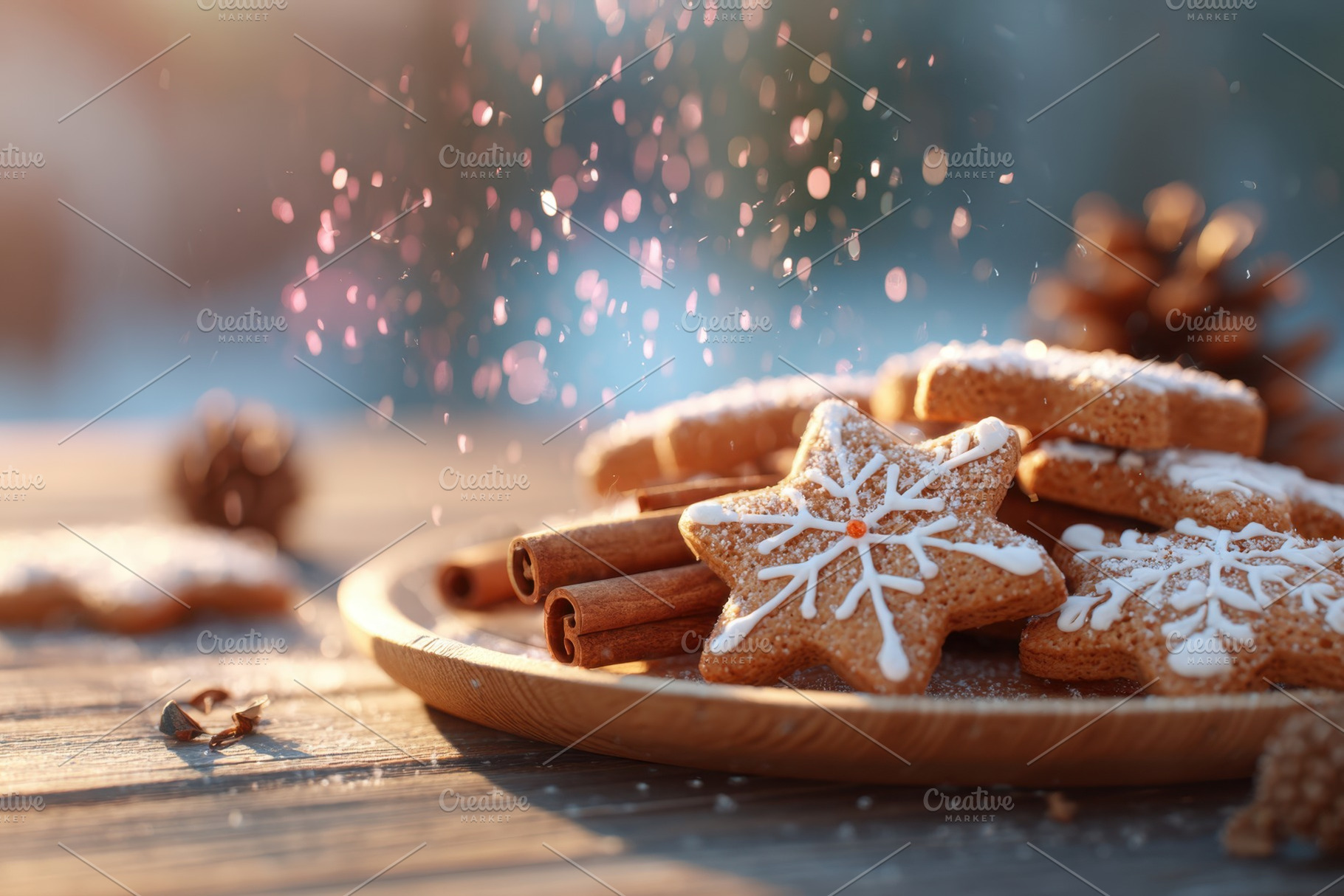 Festive gingerbread cookies on a wooden plate, a Food & Drink Photo by AlyaAnd