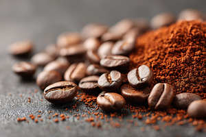 Coffee beans and ground coffee close-up, a Food & Drink Photo by AlyaAnd