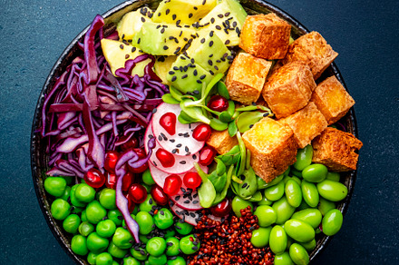 Vegan buddha bowl with red quinoa, fried tofu, avocado, edamame, a Food & Drink Photo by 5PH