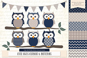 Owls Clipart & Patterns in Navy, an Animal Illustration by Amanda Ilkov (Thumbnail 1 of 4)