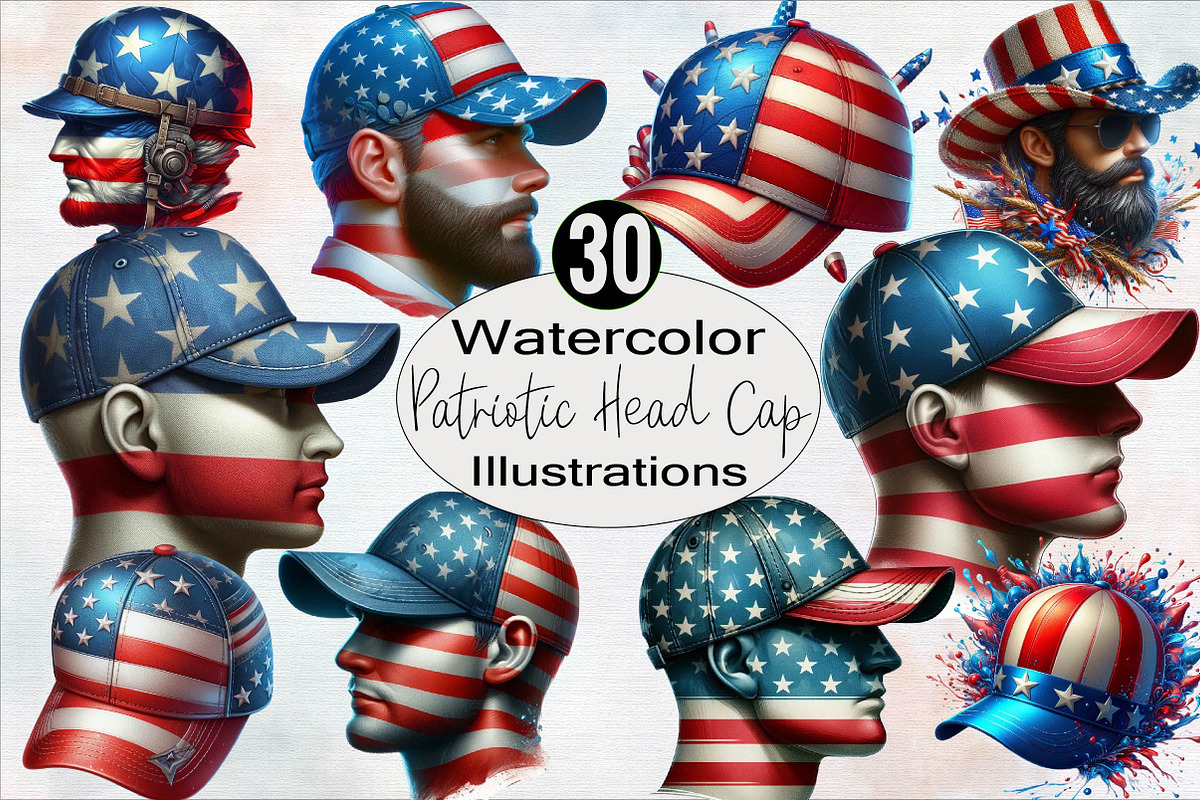 Watercolor Patriotic Head Cap Clipar, an Illustration by SVGArt (Photo 1 of 8)