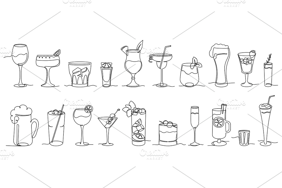 Continuous one line alcohol drinks, an Illustration by winwin.art