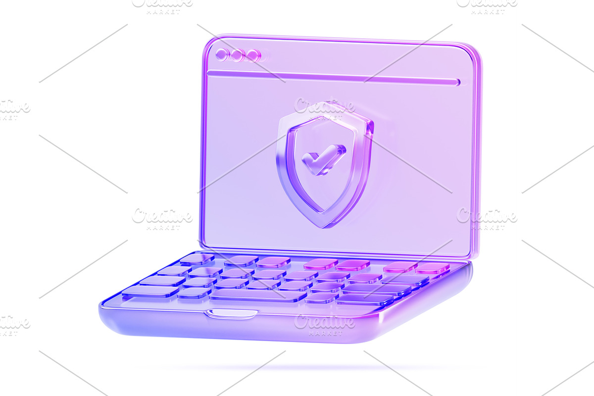 Glass holographic laptop with shield, a Technology Illustration by Marozhkastudio