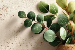 Eucalyptus Leaves in Ceramic Vase Against Textured Neutral Wall, a Background Photo by José Manuel Gelpi