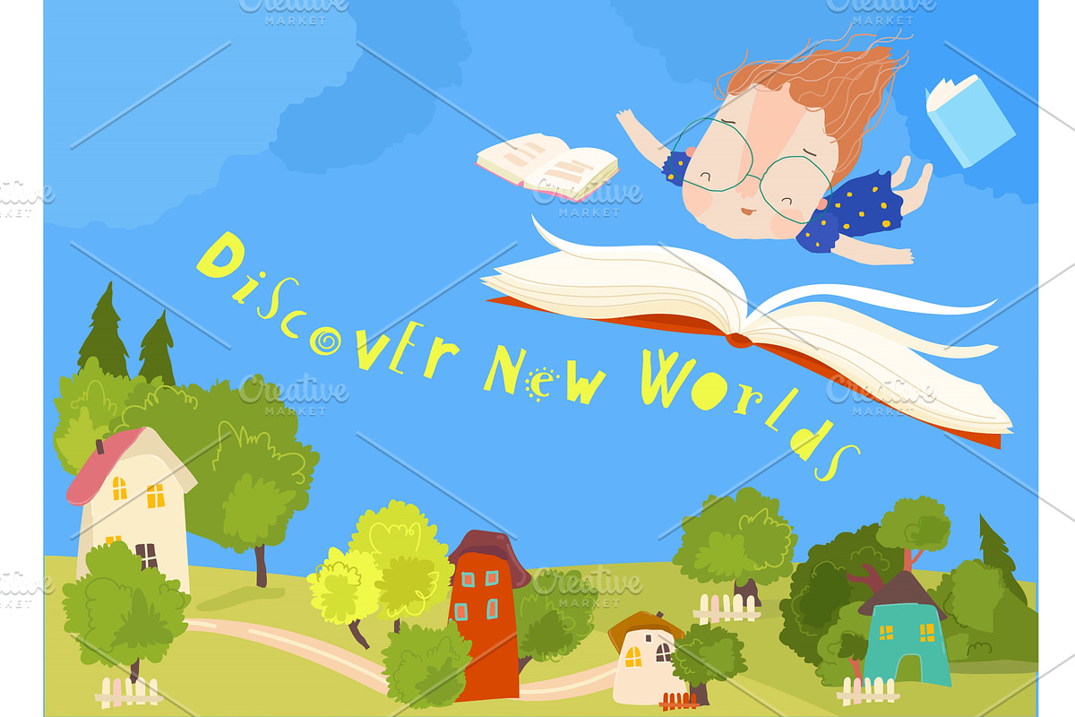 Cute Little Girl flying with Books, an Object Illustration by Maria Starus