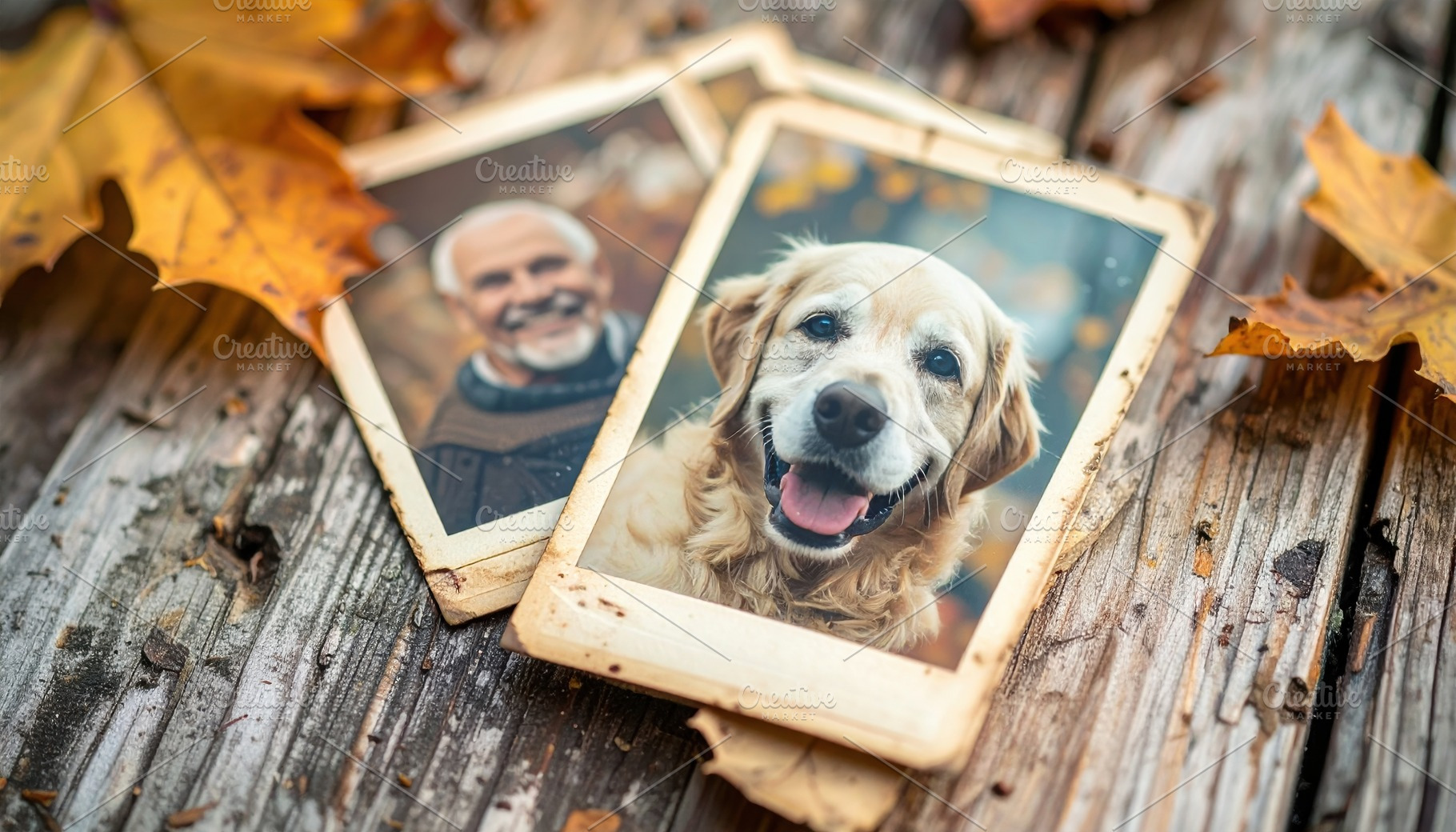 Vintage photos and autumn leaves on wooden table, a Background Photo by Igor Tichonow
