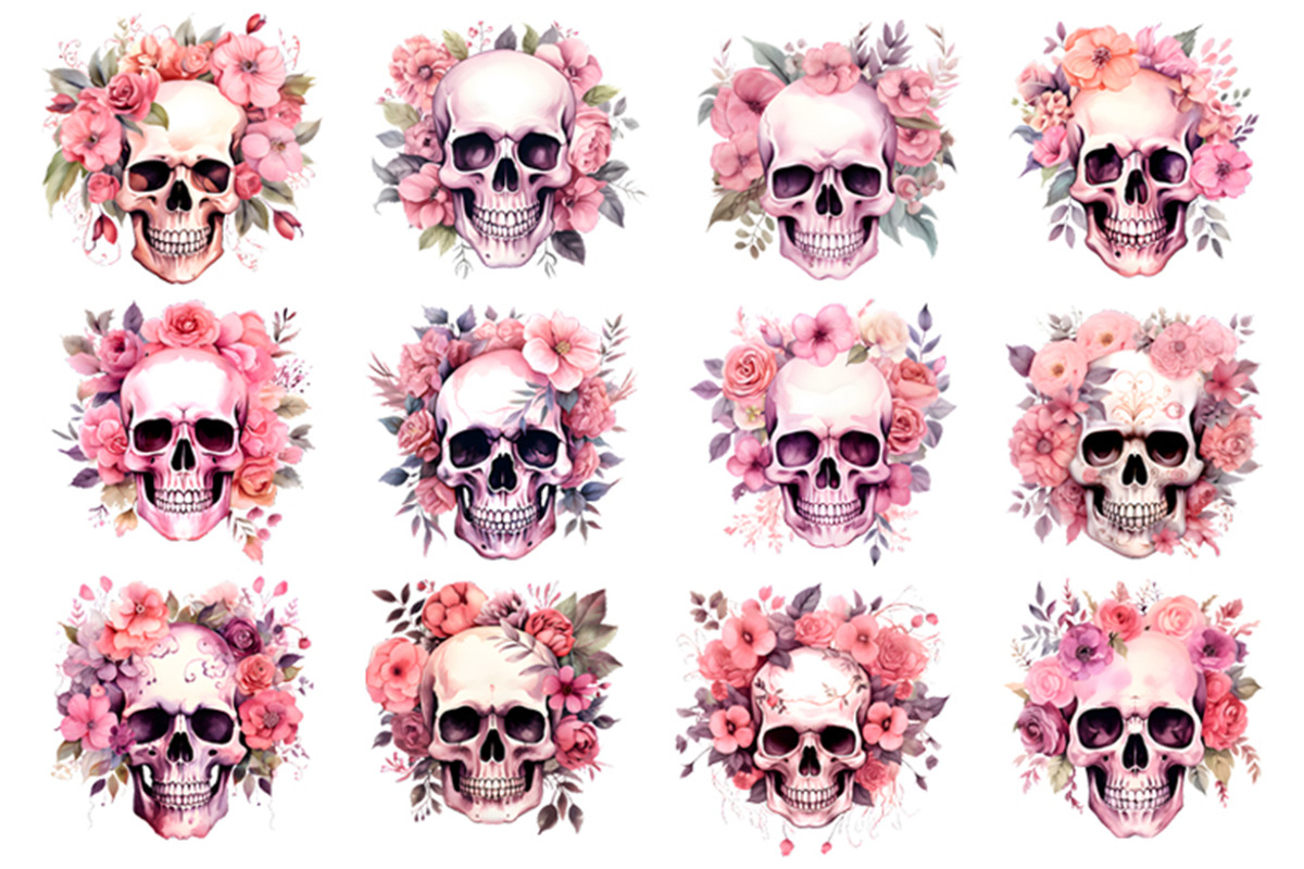 Watercolor Pink Skull Clipart Bundle, an Object Illustration by Creative Arslan (Photo 2 of 9)