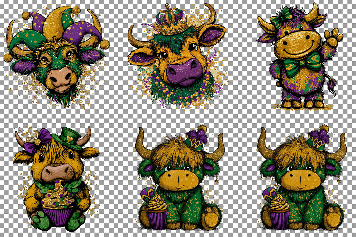 Cute Mardi Gras Highland Cow Clipart, an Illustration by Sublimation Artist (Photo 4 of 6)