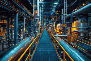 A wide view of an industrial facility featuring large pipes, tanks, and machine, an Industrial Photo by Textures & Backgrounds