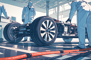 Automotive engineers working on an electric vehicle chassis in a high-tech work, an Illustration by AS photostudio