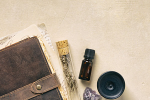 Flat Lay of Lavender, Crystals, and Vintage Journal for Wellness